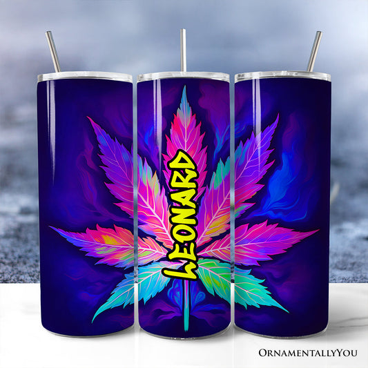Neon Cannabis Leaf 20oz Personalized Tumbler With Lid and Stainless Steel Straw, Psychedelic Weed Aesthetic Gift Cup