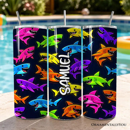 Three neon shark pattern 20oz tumblers with lids and stainless steel straws by OrnamentallyYou on Tampa Home & Garden Store