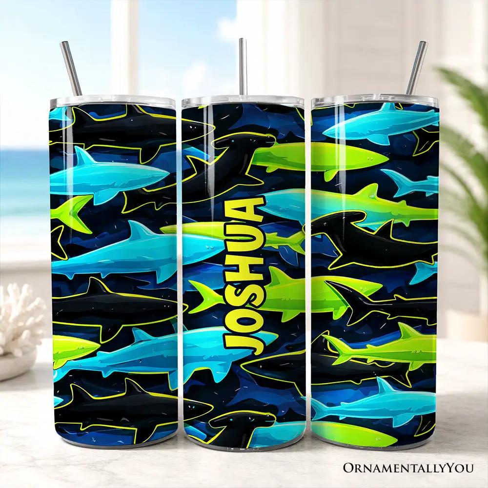 Neon shark camo 20oz tumbler with lid and stainless straw, JOSHUA, 3-pack by OrnamentallyYou on Tampa Home & Garden Store