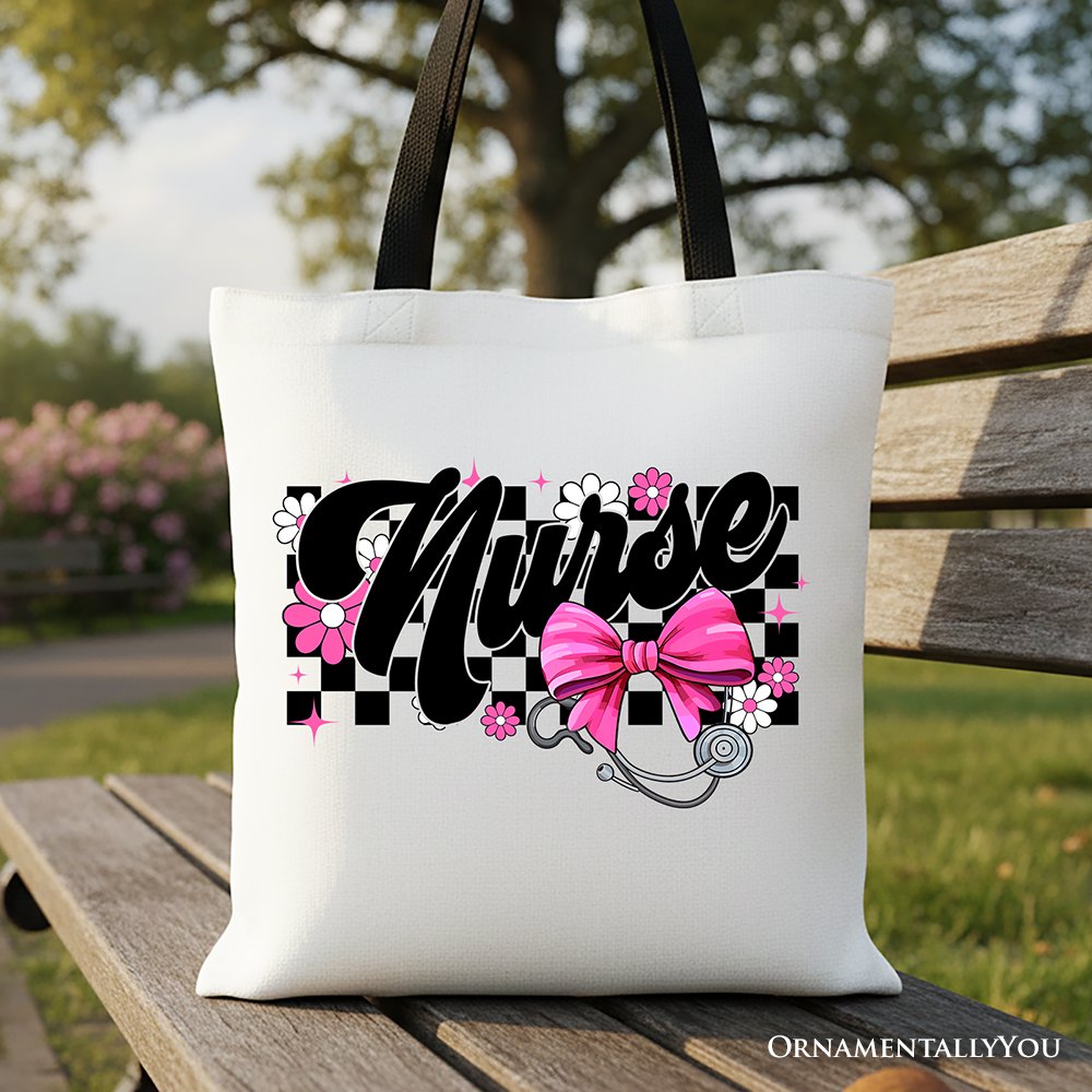 Nurse Floral Pink Bow Canvas Tote and Gifts