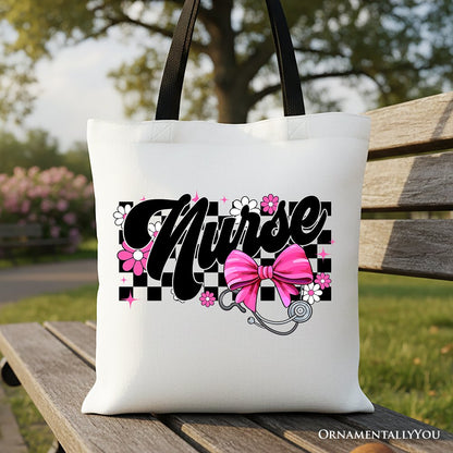 Nurse Floral Pink Bow Canvas Tote and Gifts