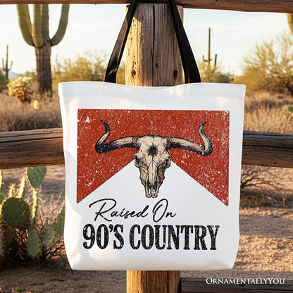 Raised On 90s Country Tote Bag With Bull Skull