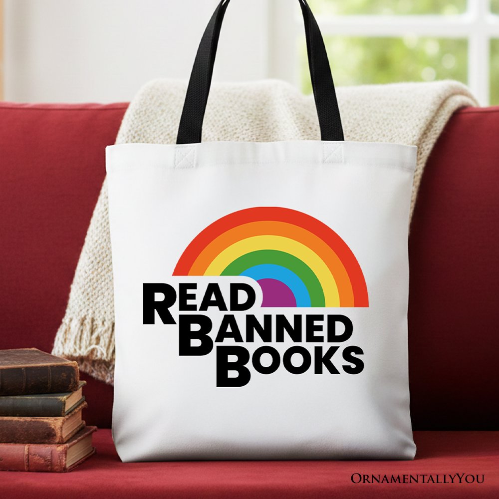 Rainbow Banned Books Canvas Tote Bag and Design