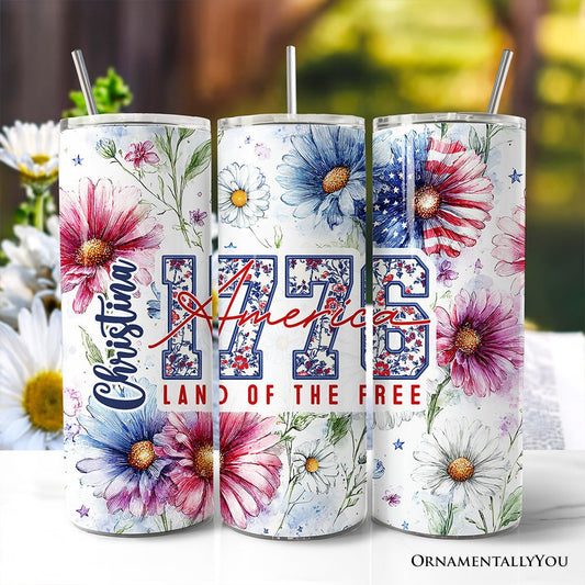 Retro America 1776 Daisy Flower 20oz Personalized Tumbler With Lid and Stainless Steel Straw, Land of the Free Patriotic Gift Cup