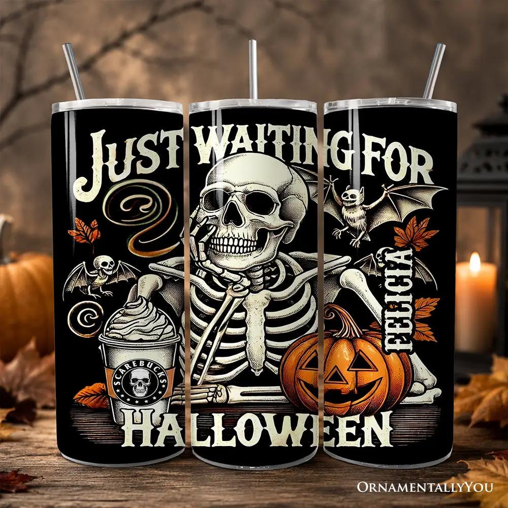 Waiting For Halloween 20oz tumbler trio with lid and straw skeleton pumpkin bat OrnamentallyYou on Tampa Home & Garden Store