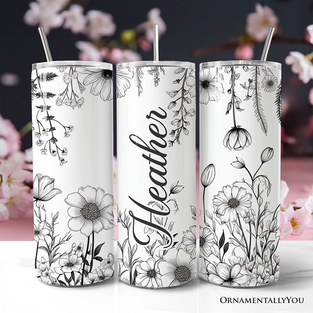 Gobelet isotherme à motif fleurs sauvages blanches et noires avec couvercle et paille en acier inoxydable, un magnifique cadeau de voyage printanier