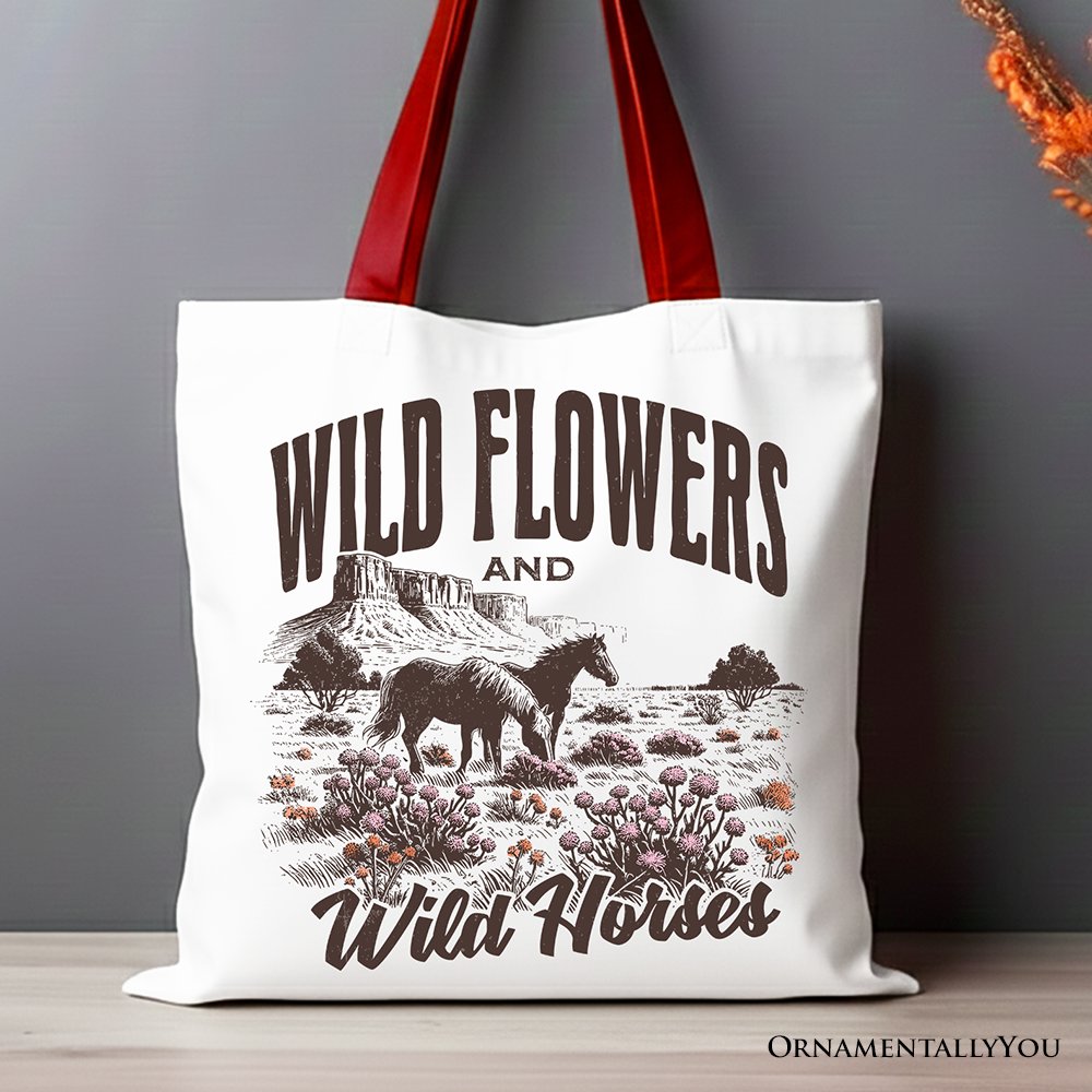 Retro Wild Flowers and Horse Canvas Tote Bag
