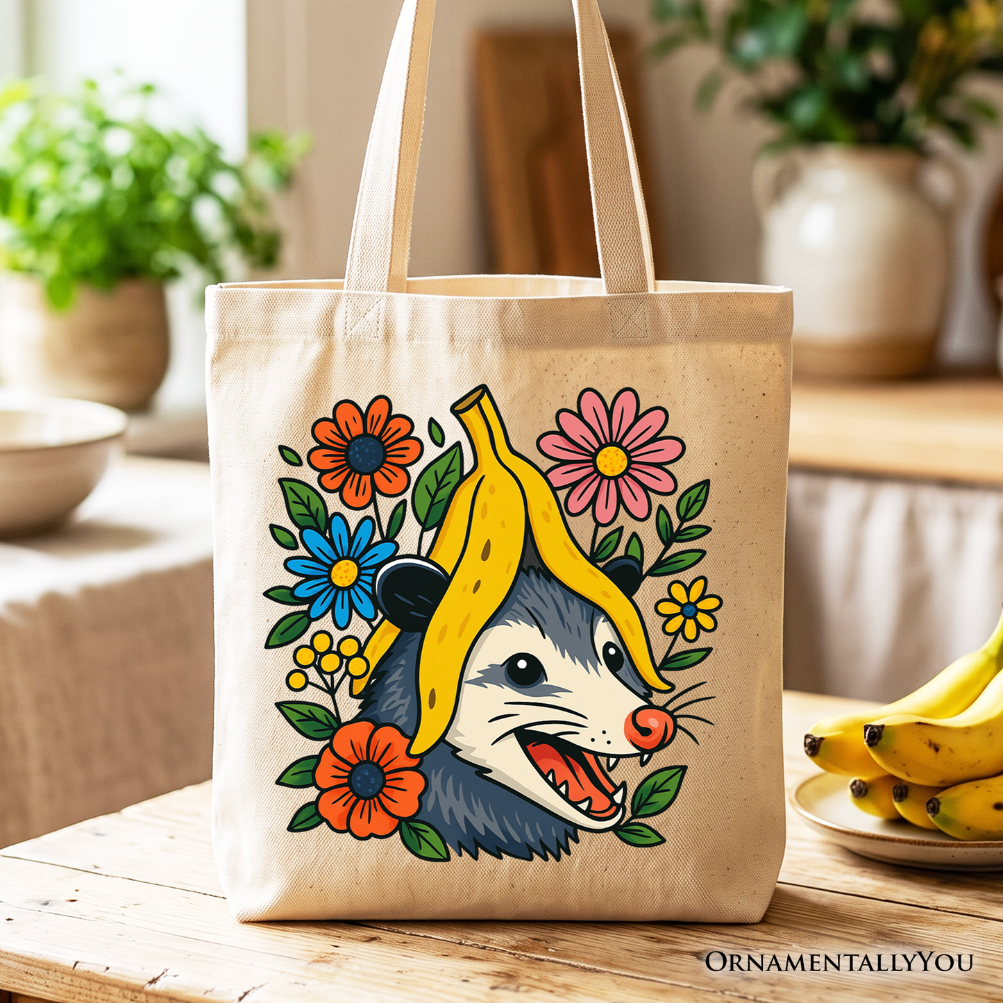 Funny Banana Possum Floral Canvas Tote Bag