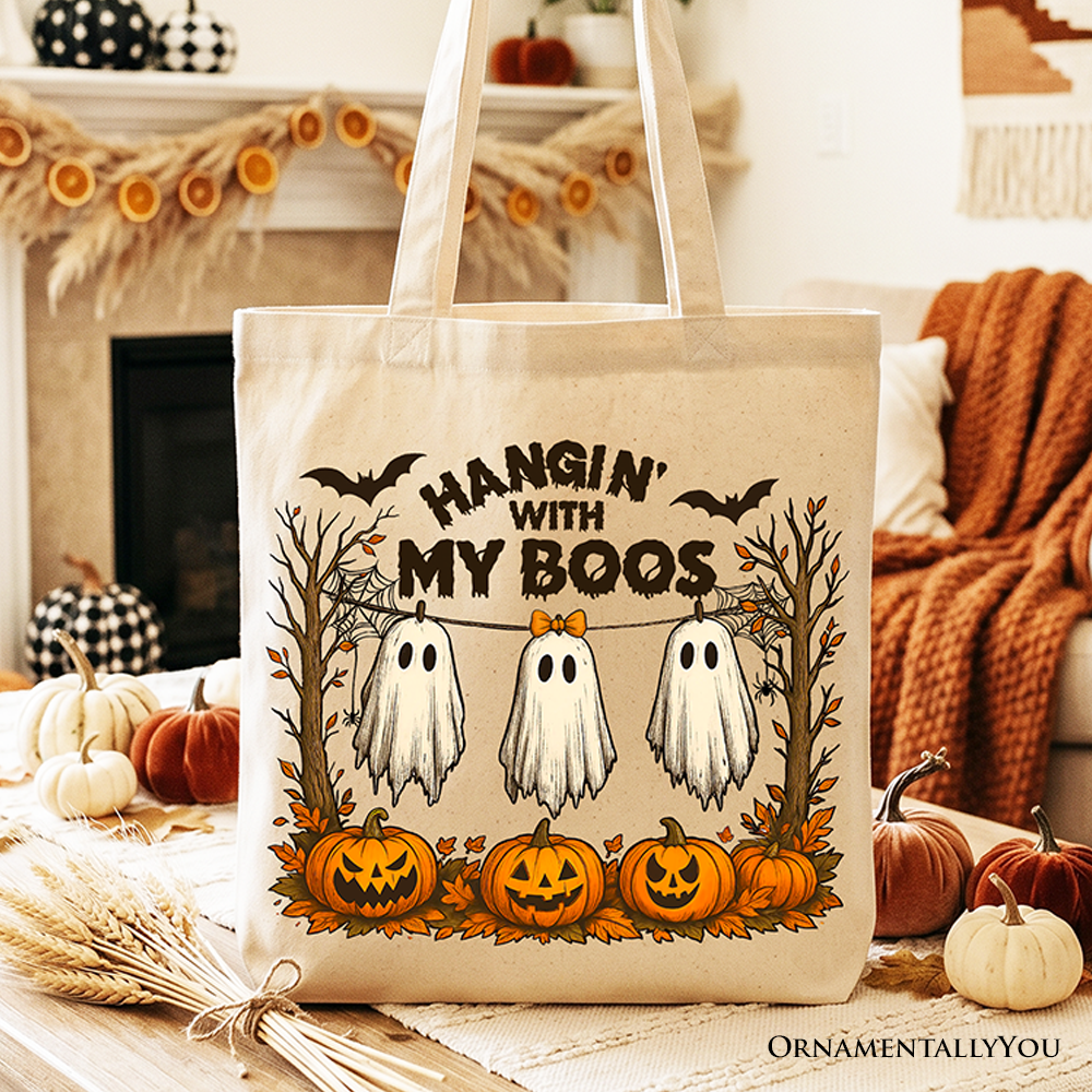Boho Canvas Ghost Tote Bag and Fall Pumpkin Gift