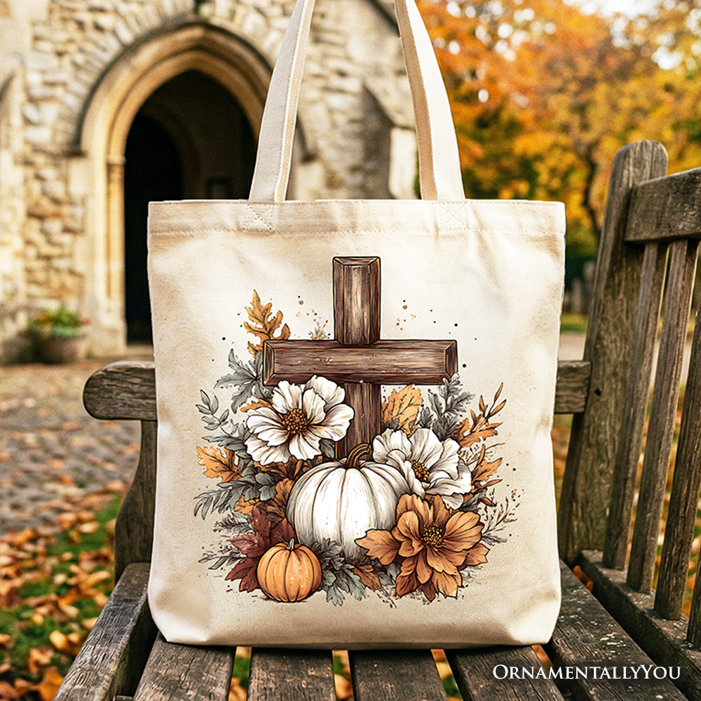 Faith Floral Pumpkin Cross Tote Bag For Fall