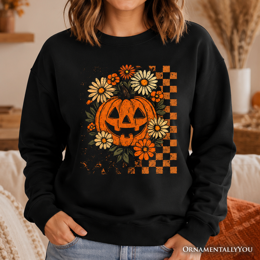Checkered Floral Pumpkin Sweatshirt For Halloween