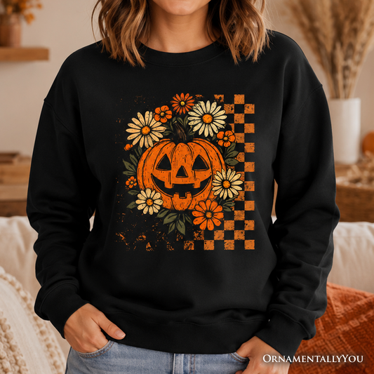 Checkered Floral Pumpkin Sweatshirt For Halloween