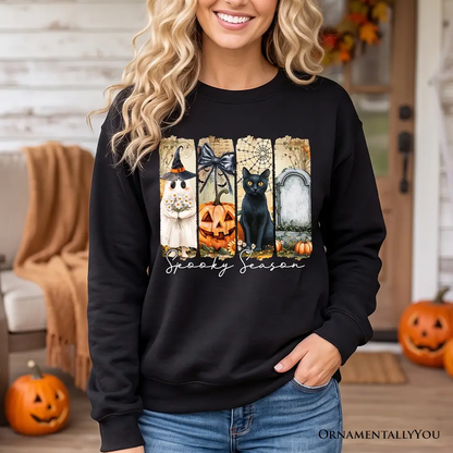 Fall Spooky Season Brushstroke Sweatshirt ghost pumpkin black cat tombstone four-panel on Tampa Home & Garden Store