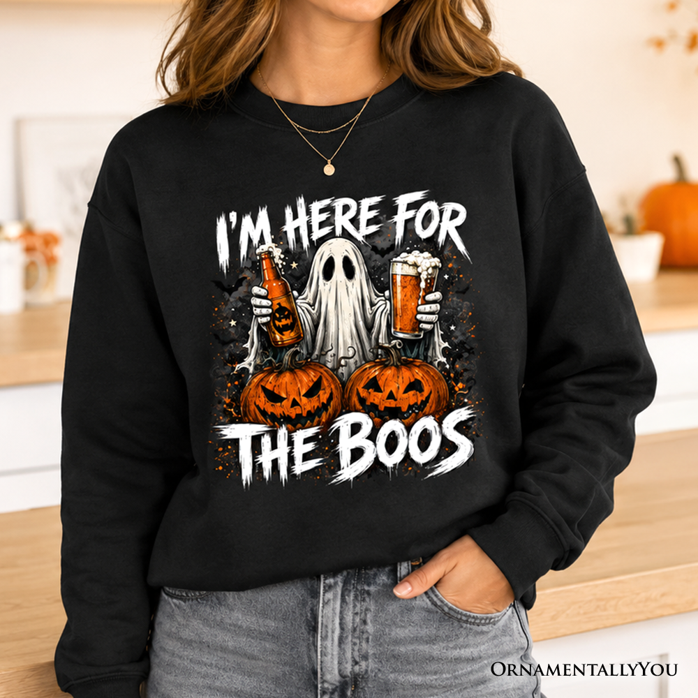 Black sweatshirt with I'm Here for the Boos ghost, pumpkins and beer by OrnamentallyYou on Tampa Home & Garden Store