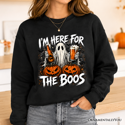 Black sweatshirt with I'm Here for the Boos ghost, pumpkins and beer by OrnamentallyYou on Tampa Home & Garden Store