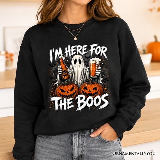 Black sweatshirt with I'm Here for the Boos ghost, pumpkins and beer by OrnamentallyYou on Tampa Home & Garden Store