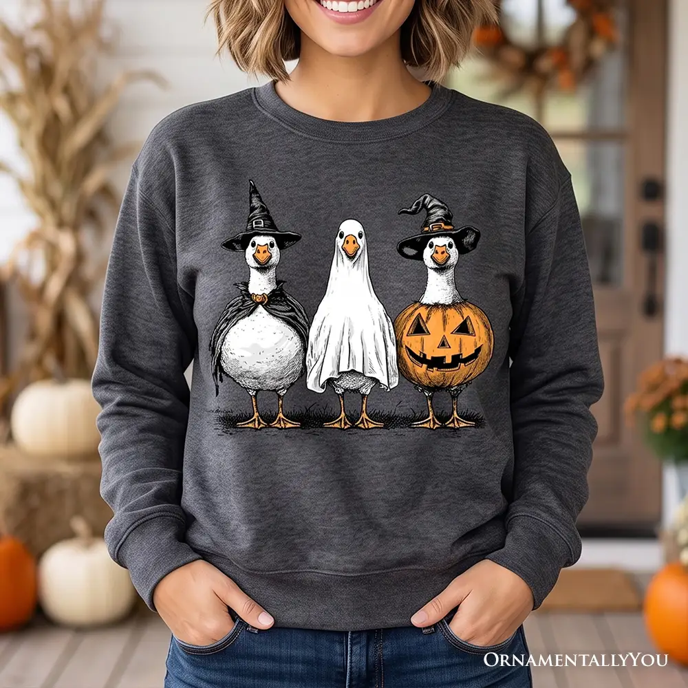 Sweatshirt Haunting Honkers goose trio witch hat ghost pumpkin costume OrnamentallyYou on Tampa Home & Garden Store