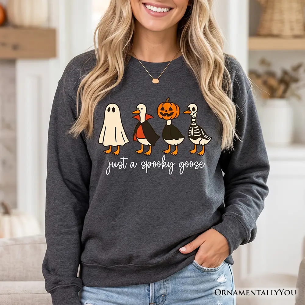 Sweatshirt Just a Spooky Goose with 4 Halloween birds on dark gray fabric OrnamentallyYou on Tampa Home & Garden Store