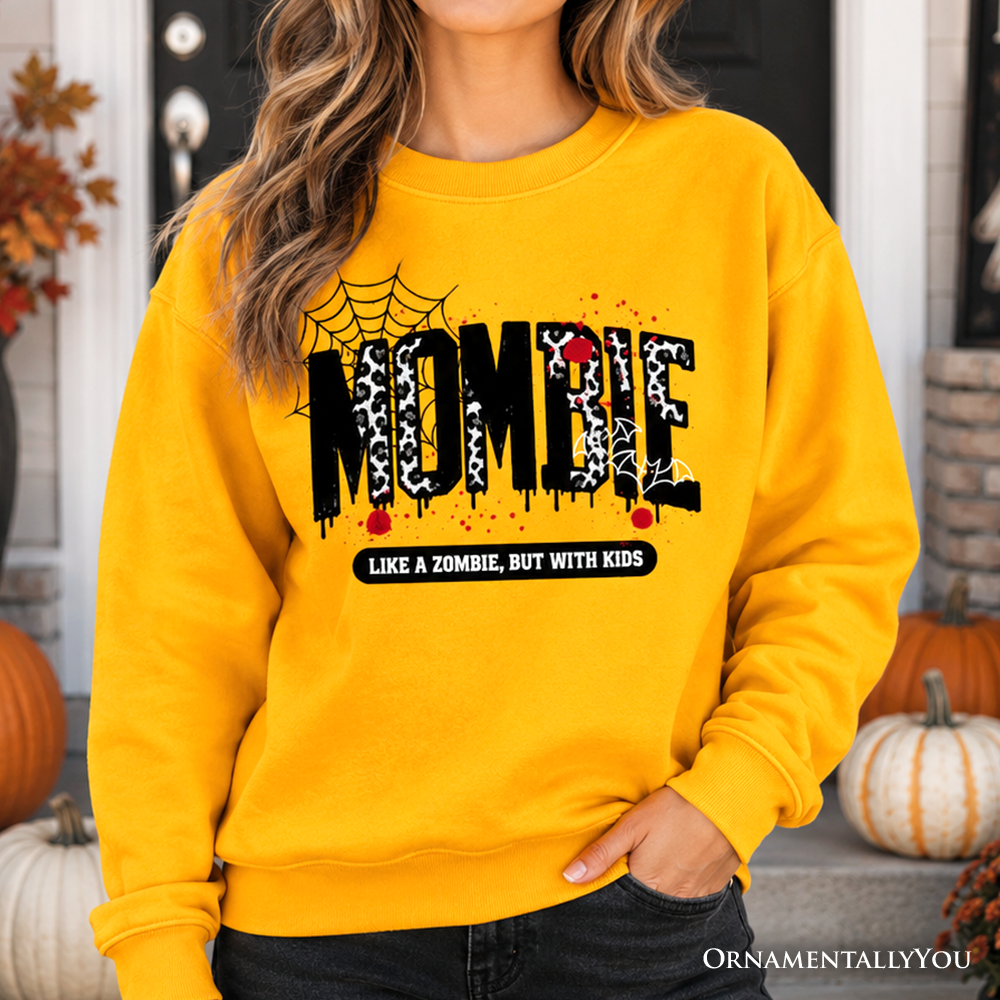 Mombie Like a Zombie Sweatshirt in yellow with leopard print letters OrnamentallyYou on Tampa Home & Garden Store