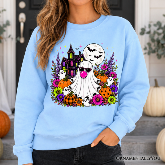 Bubblegum Ghost Haunted House Sweatshirt in light blue with pumpkin florals by OrnamentallyYou on Tampa Home & Garden Store