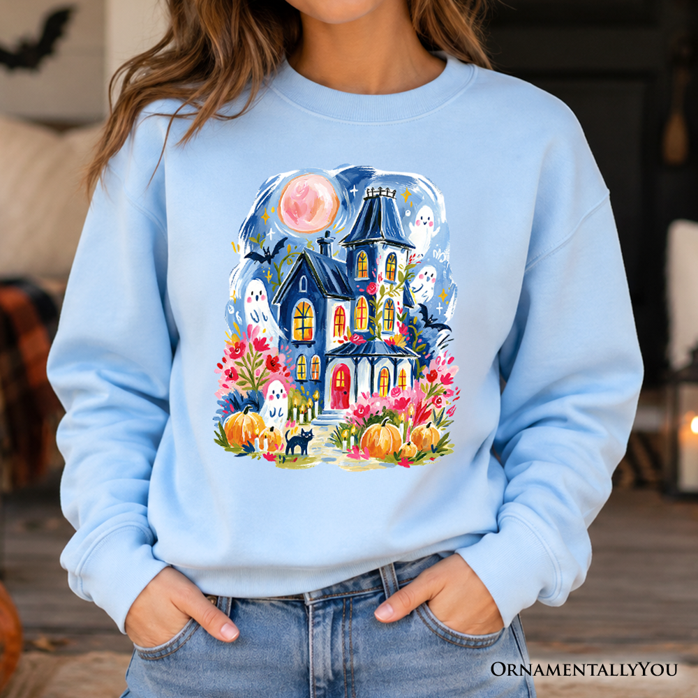 Watercolor Haunted House Sweatshirt blue ghosts pumpkins and bats by OrnamentallyYou on Tampa Home & Garden Store