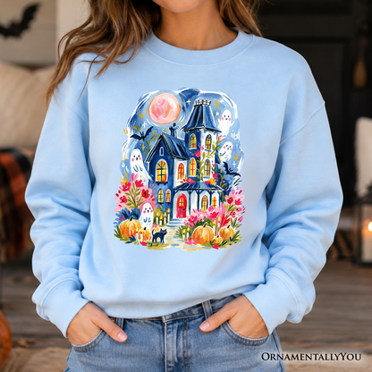 Watercolor Haunted House Sweatshirt blue ghosts pumpkins and bats by OrnamentallyYou on Tampa Home & Garden Store