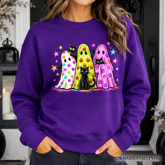 Colorful Ghosts and Black Cats Sweatshirt in purple with neon print by OrnamentallyYou on Tampa Home & Garden Store