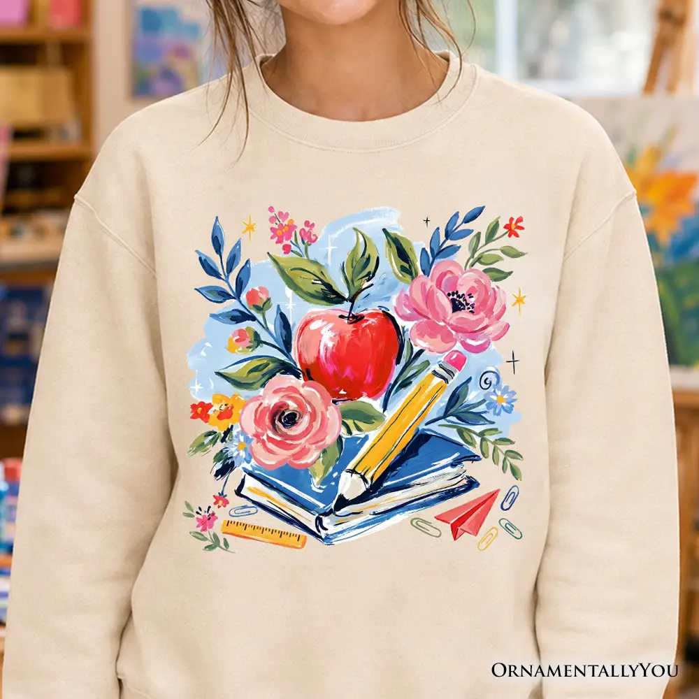 Boho Floral Teacher Sweatshirt beige with watercolor apple and flowers by OrnamentallyYou on Tampa Home & Garden Store