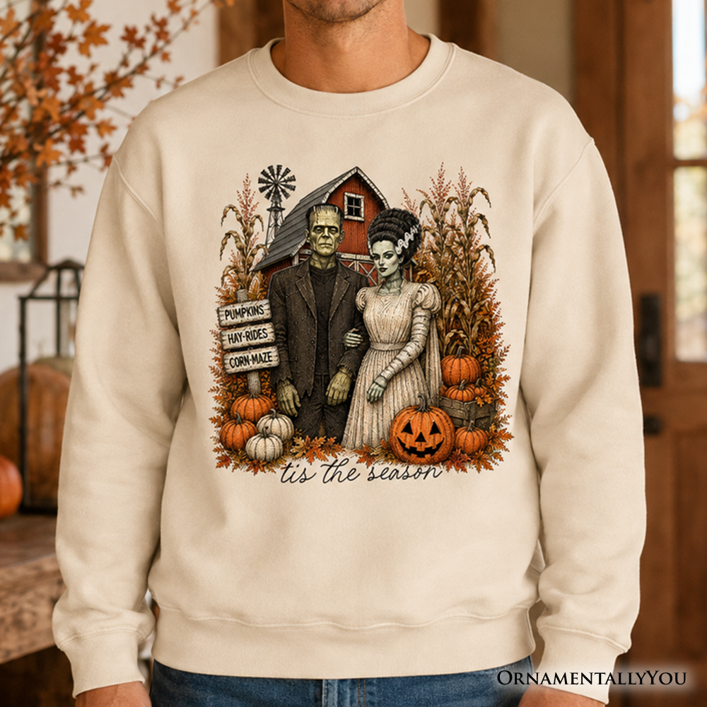 Frankenstein couple pumpkin patch sweatshirt with pumpkins, corn stalks by OrnamentallyYou on Tampa Home & Garden Store