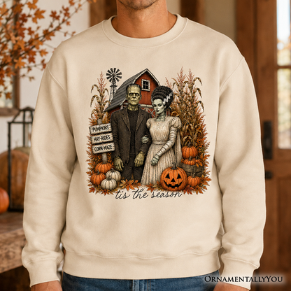 Frankenstein couple pumpkin patch sweatshirt with pumpkins, corn stalks by OrnamentallyYou on Tampa Home & Garden Store