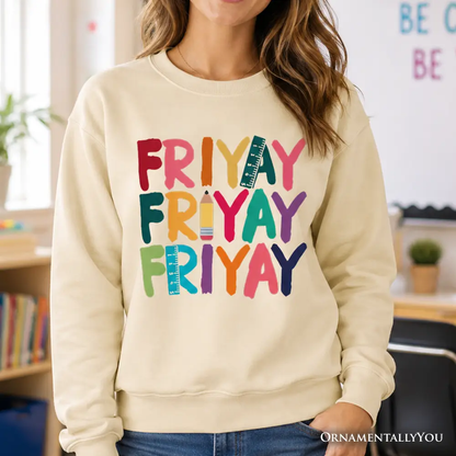 Friday Teacher Sweatshirt in beige with colorful Friyay design by OrnamentallyYou on Tampa Home & Garden Store
