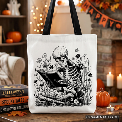 Gothic Reading Skeleton Canvas Floral Tote Bag