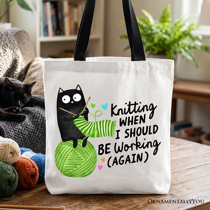 Cute Black Cat Knitting Tote Bag for Crafters