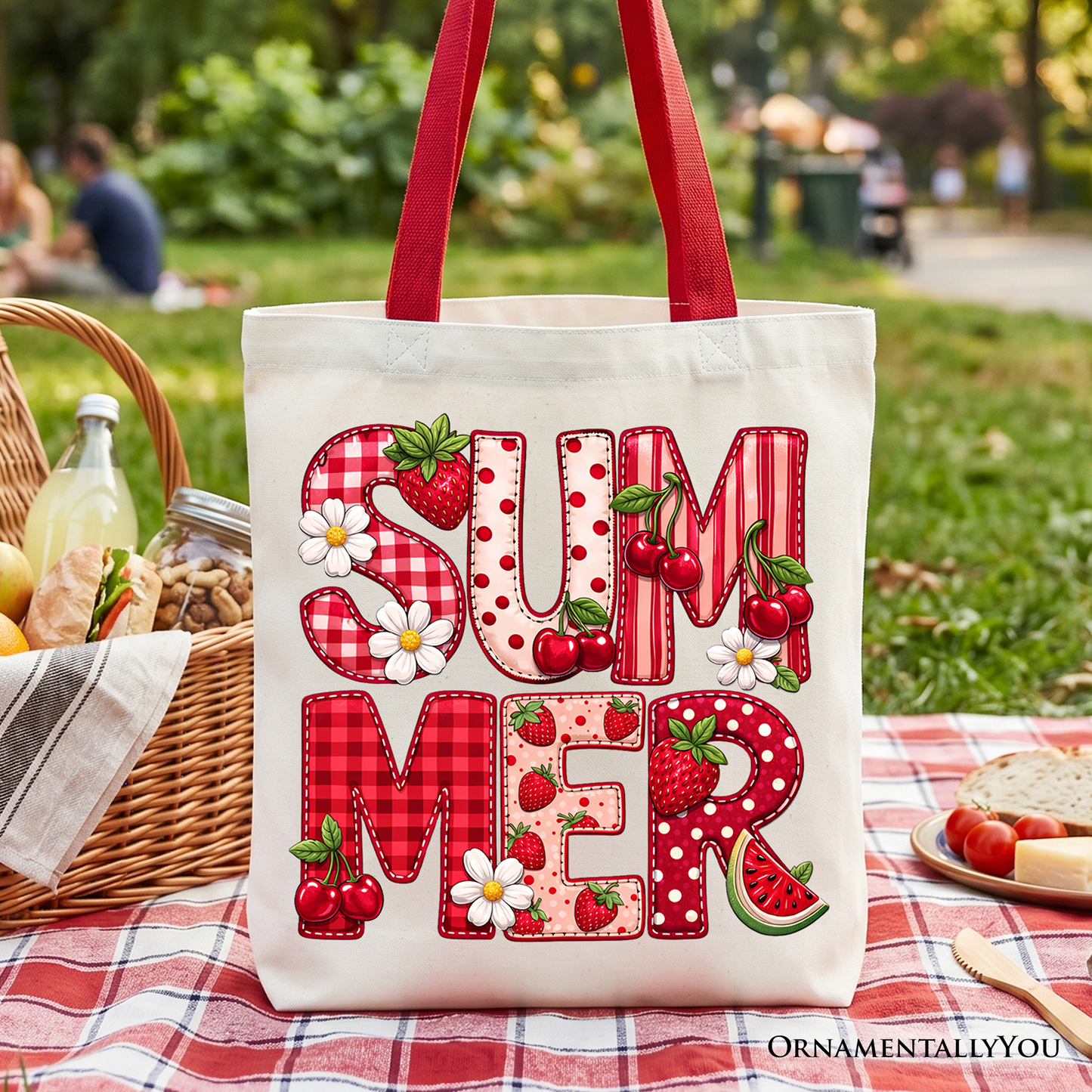 Strawberry And Faux Patchwork Canvas Tote Bag