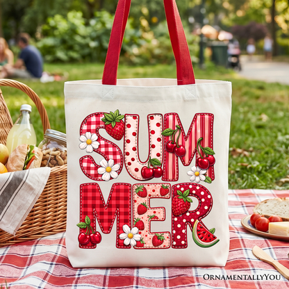 Strawberry And Faux Patchwork Canvas Tote Bag