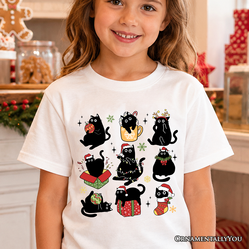 Kids Christmas Black Cat Playful Santa Tee