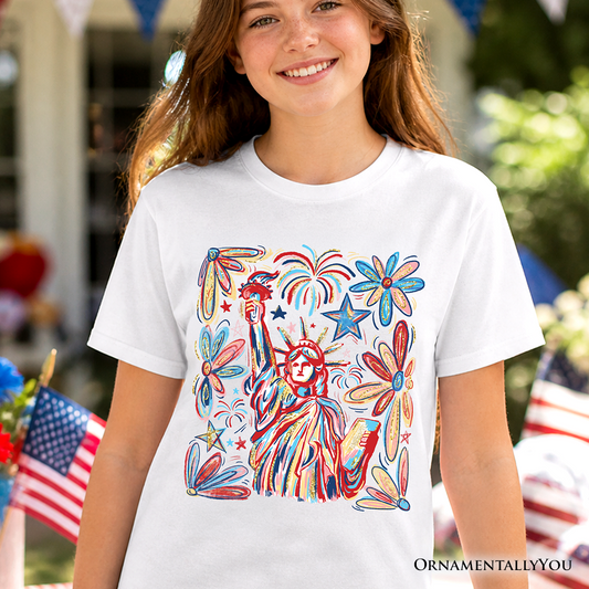 Fourth of July Kids Statue and Fireworks Tee