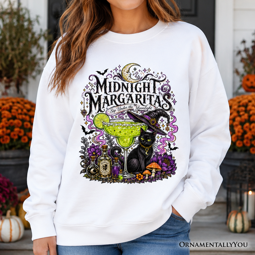 Midnight Margaritas Sweatshirt in white with a black cat and witchy margarita graphic on Tampa Home & Garden Store
