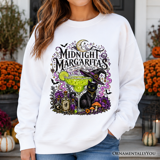 Midnight Margaritas Sweatshirt in white with a black cat and witchy margarita graphic on Tampa Home & Garden Store