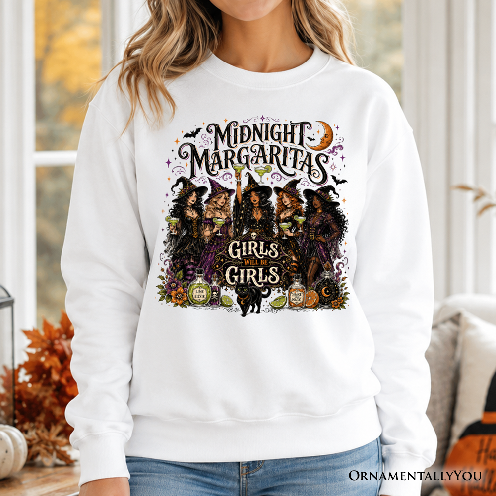 Midnight Margaritas Girls Will Be Girls sweatshirt featuring a colorful witch coven graphic on white fabric by OrnamentallyYou on Tampa Home & Garden Store