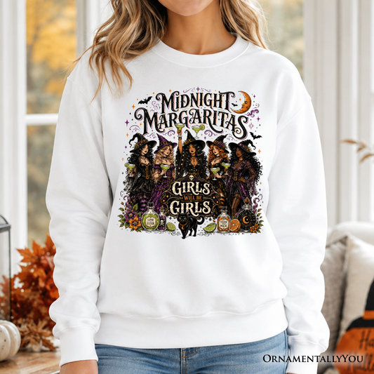 Midnight Margaritas Girls Will Be Girls sweatshirt featuring a colorful witch coven graphic on white fabric by OrnamentallyYou on Tampa Home & Garden Store