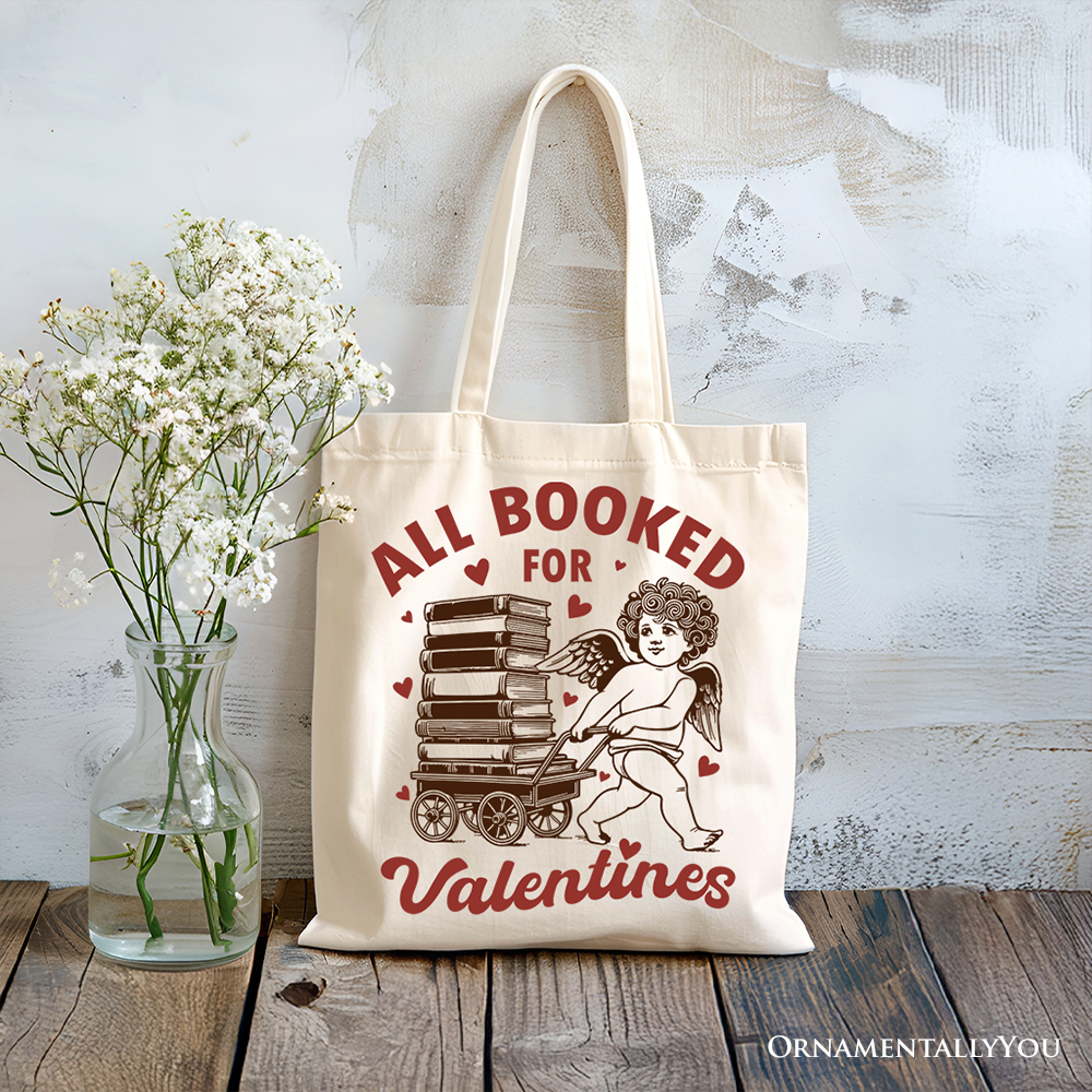 All Booked For Valentines Cupid Canvas Tote Bag, Vintage Funny Bookworm Gift