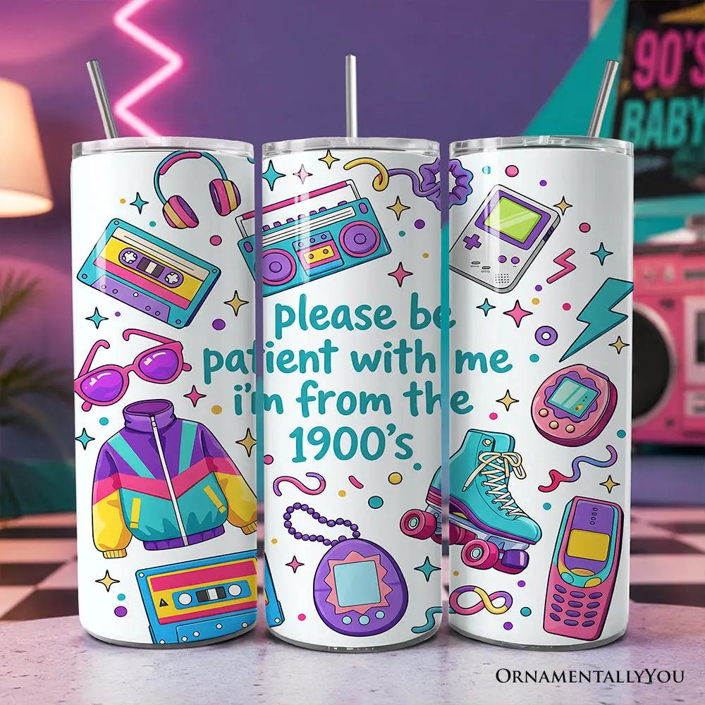 Tumbler set of three white 20oz tumblers with lids and stainless straws, 90s retro icons on Tampa Home & Garden Store