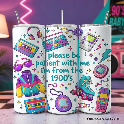 Tumbler set of three white 20oz tumblers with lids and stainless straws, 90s retro icons on Tampa Home & Garden Store