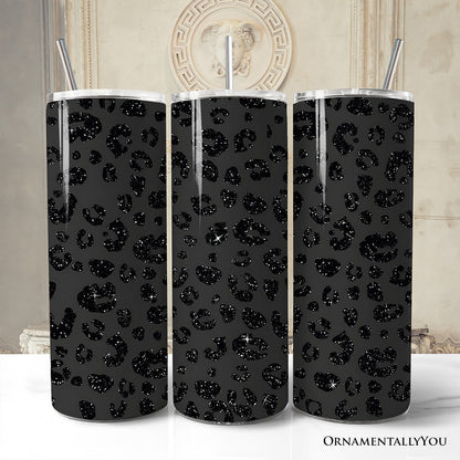 Black Glitter Leopard Print 20oz Personalized Tumbler With Lid and Stainless Steel Straw, Bold Animal Pattern Gift Cup