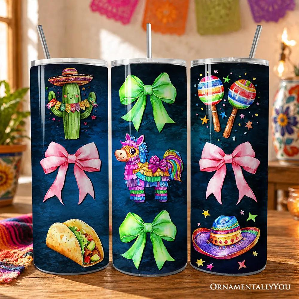 Three 20oz tumblers with lids: Cinco de Mayo cactus, maracas and coquette bows OrnamentallyYou on Tampa Home & Garden Store