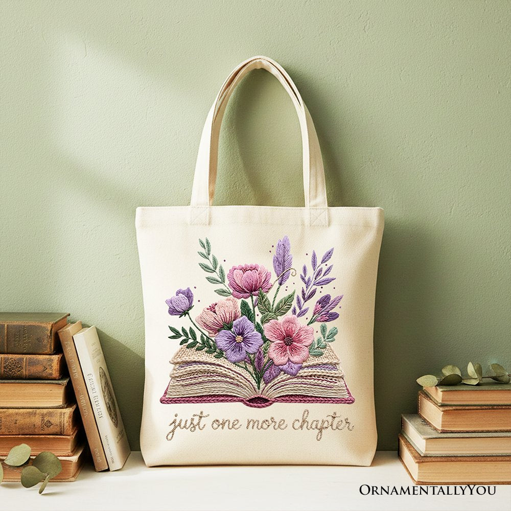 Floral Book Print Faux Crochet Tote for a Reader