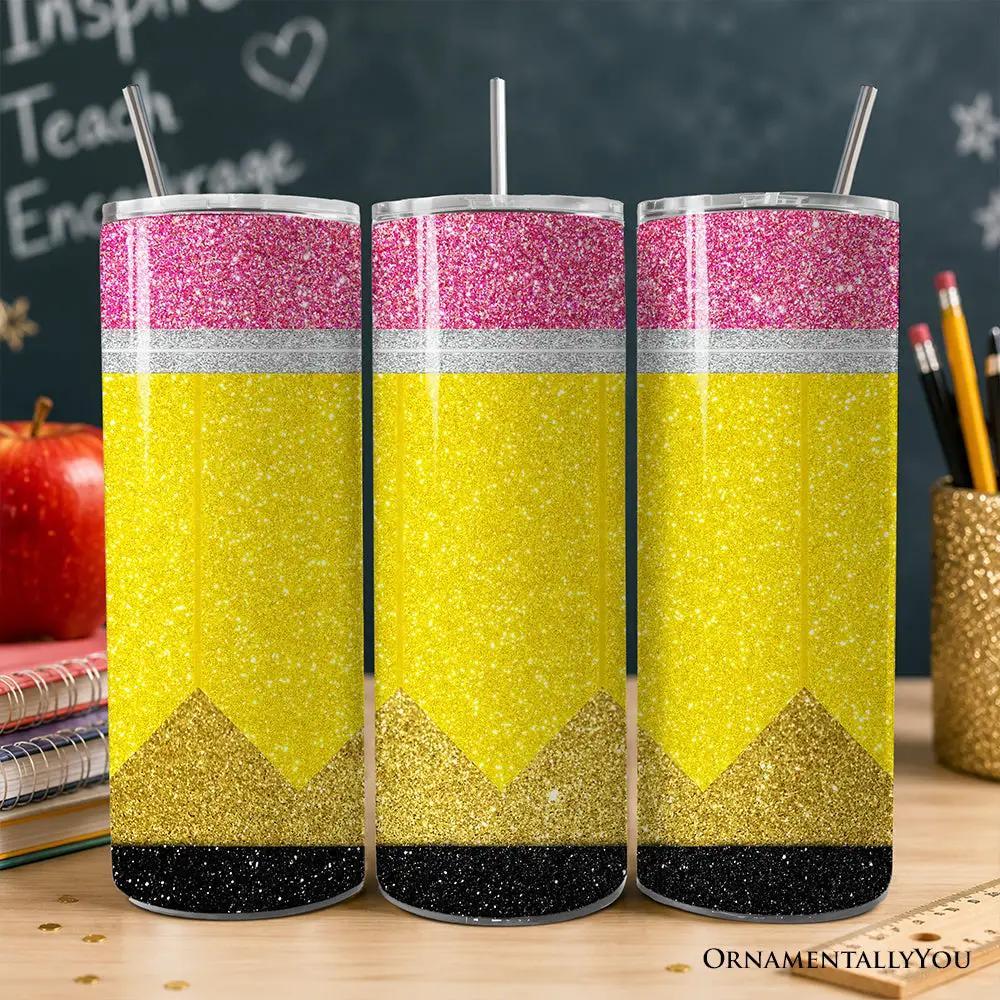 Glitter pencil design 20oz tumbler with lid and straw; 3 OrnamentallyYou yellow glitter tumblers on Tampa Home & Garden Store