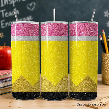 Glitter pencil design 20oz tumbler with lid and straw; 3 OrnamentallyYou yellow glitter tumblers on Tampa Home & Garden Store