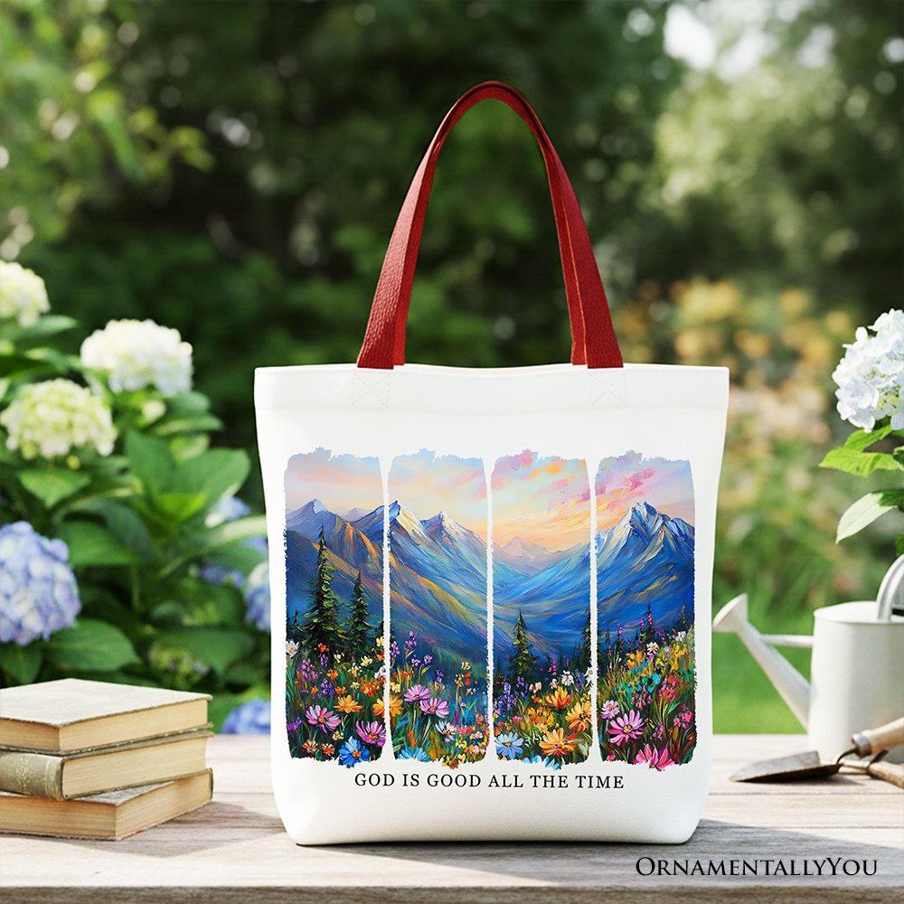 God Is Good Mountain Canvas Tote Bag and Joy